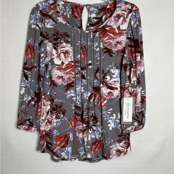 NWT Daniel Rainn Stitch Fix Branwen Pleated Knit Top Floral 3/4 Sleeve Size XS - Picture 1 of 16